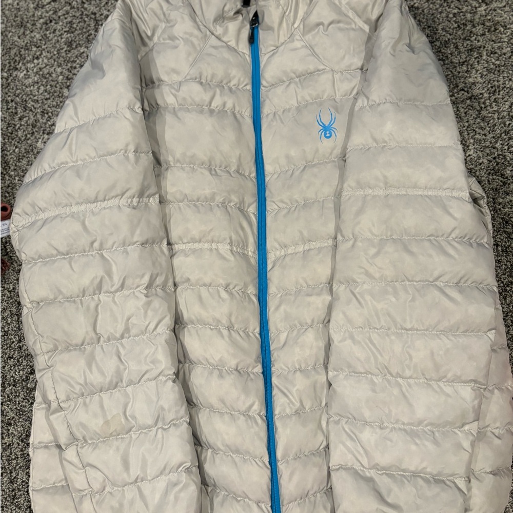 Spyder Mens Light Gray Puffer Jacket with Blue Zipper